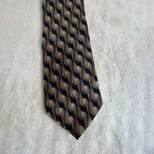 Guy Laroche Men’s Silk Necktie Blue Gold Geometric Wave Pattern Formal Business